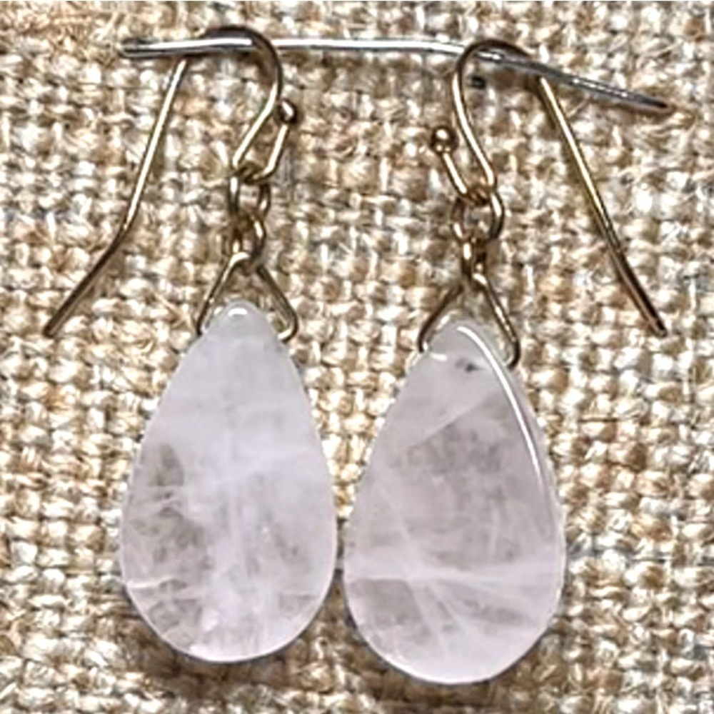 Rose Quartz Pierced Earrings Teardrop Goldtone Wire Hooks Love Healing Energy